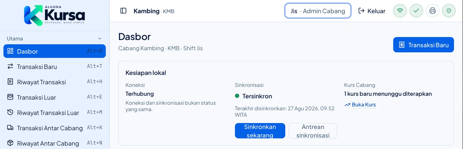 Dasbor Kursa Offline: menu dengan pintasan keyboard, kesiapan lokal, status sinkronisasi, dan kurs cabang yang menunggu diterapkan
