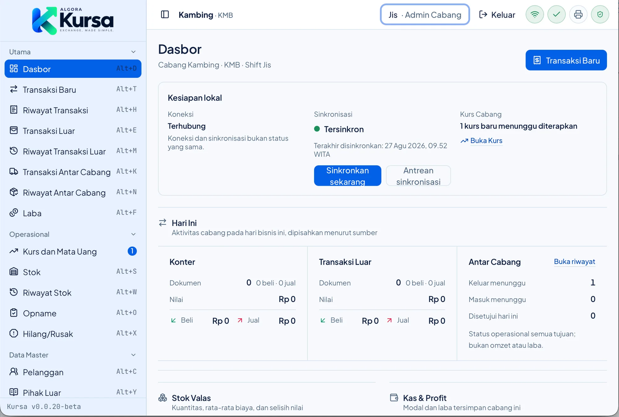 Dashboard desktop Kursa dalam tema terang