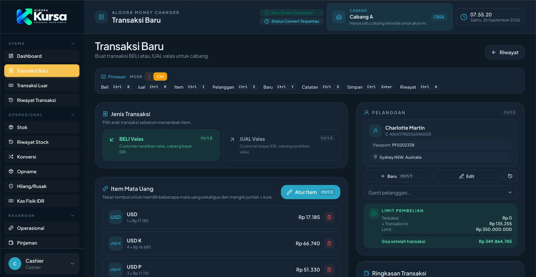 Halaman Transaksi Baru di Kursa: jenis transaksi beli atau jual, item mata uang, data pelanggan, dan limit pembelian