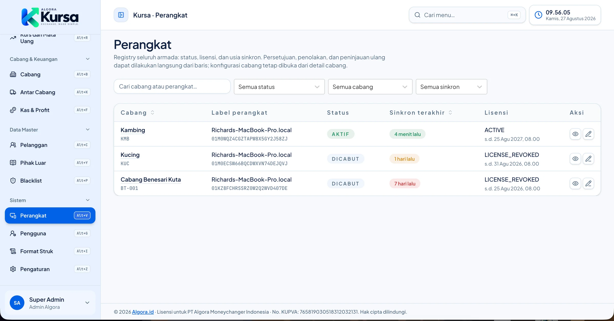 Registry perangkat Kursa yang menampilkan status cabang, perangkat, sinkron terakhir, dan lisensi